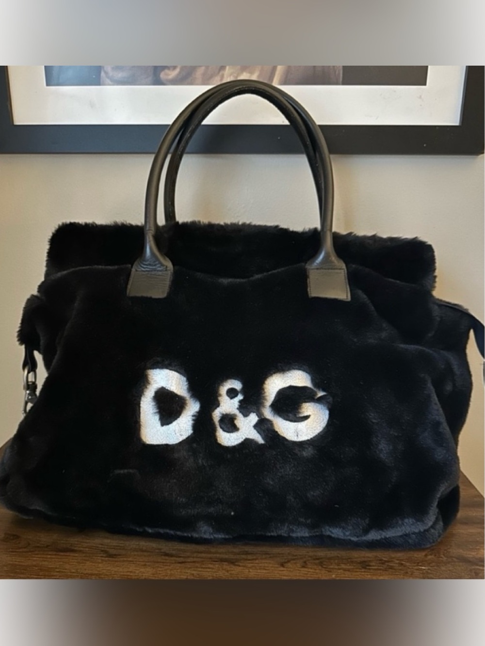 RARE DOLCE & GABBANA Y2K Vintage Faux Fur D&G Black Logo Tote Bag VTG Archival